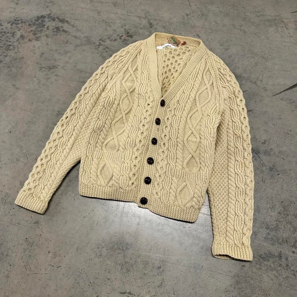 Irish‎ Hand Knit Cream Fisherman Cardigan Sweater Granny Vintage